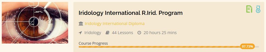 Student dashboard showing the Iridology International R.Irid. Program with its lesson count, total study time and a progress bar.