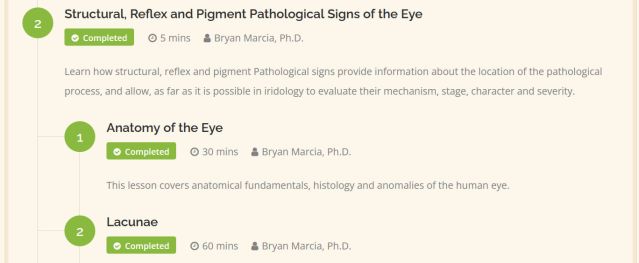 Module 2 lesson list: Structural, Reflex and Pigment Pathological Signs of the Eye, with Anatomy of the Eye and Lacunae, each marked completed with its length and instructor.