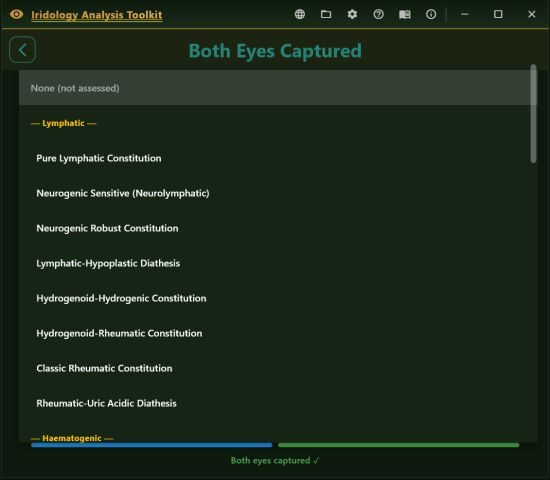 Constitution picker listing lymphatic sub-types such as neurogenic, hydrogenoid and rheumatic.